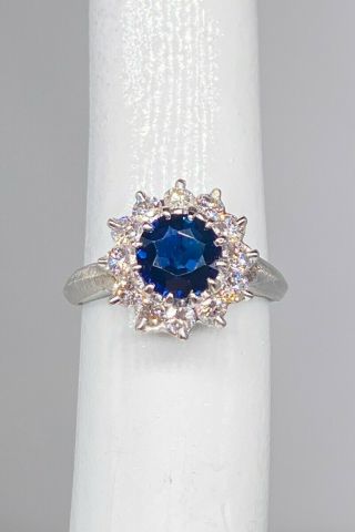 Vintage 1950s $6000 3ct Natural Blue Sapphire Vs H Diamond Platinum Halo Ring