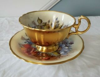 Vintage Gold Aynsley Bone China Teacup And Saucer Signed Ja Bailey Cabbage Rose