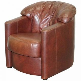 Lovely Vintage Hand Dyed Cigar Brown Leather Club Tub Armchair Shell Back