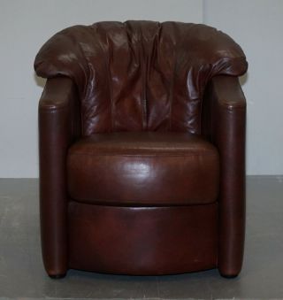 LOVELY VINTAGE HAND DYED CIGAR BROWN LEATHER CLUB TUB ARMCHAIR SHELL BACK 2
