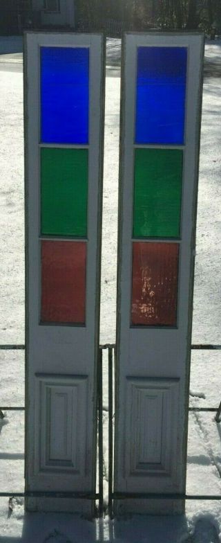 Pair Antique Color Stain Glass Entrance Door Sidelight 12x80 Windows Vtg 363 - 19j