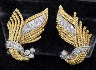 Heavy Vintage 18k 2 - Tone Gold 1.  74ct Diamond Vs2/g Floral Clip - On Earrings