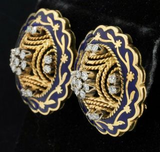 Heavy vintage Italian 18K YG 1.  0CT VS1/F diamond enamel cluster clip - on earrings 2