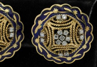 Heavy vintage Italian 18K YG 1.  0CT VS1/F diamond enamel cluster clip - on earrings 3