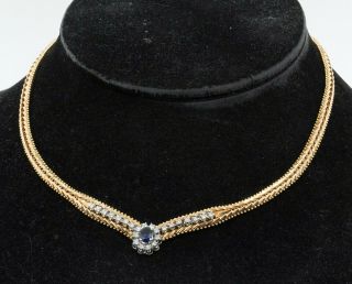 Vintage Italian Heavy 14k Yg 1.  71ct Diamond & Blue Gemstone Formal Necklace