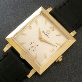 Mens 1955 Omega 14k Solid Gold Vintage 17j Swiss Made Square Tank Watch A,