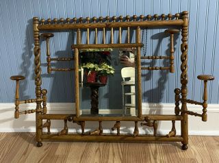 Antique Victorian Carved Oak Wood Wall Coat Hat Rack Mirror Hall Entry RARE L@@K 2