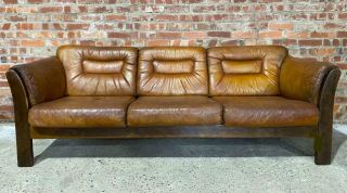 Vintage Danish 1970 Tan Leather Three Seater Sofa With Berger Sides And Back
