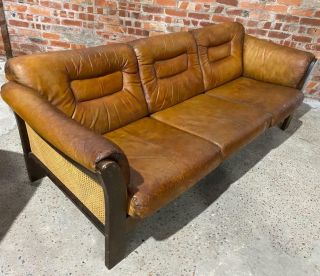 Vintage Danish 1970 Tan leather three seater sofa with Berger Sides and back 2