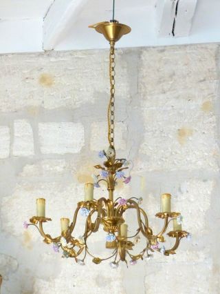 Xl Vintage French 6 Arms Bronze Brass Chandelier Ceiling Porcelain Flowers 1950