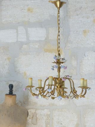 XL Vintage French 6 Arms Bronze Brass Chandelier Ceiling Porcelain Flowers 1950 2