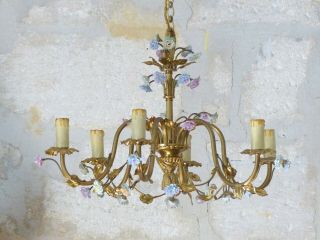 XL Vintage French 6 Arms Bronze Brass Chandelier Ceiling Porcelain Flowers 1950 3