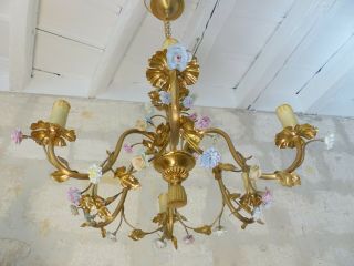 XL Vintage French 6 Arms Bronze Brass Chandelier Ceiling Porcelain Flowers 1950 4