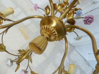 XL Vintage French 6 Arms Bronze Brass Chandelier Ceiling Porcelain Flowers 1950 5