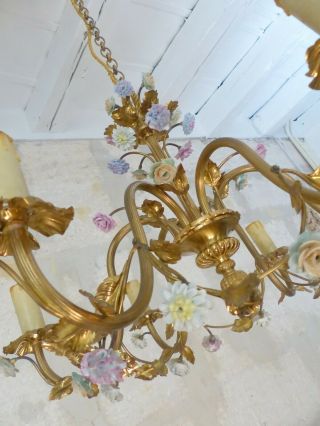 XL Vintage French 6 Arms Bronze Brass Chandelier Ceiling Porcelain Flowers 1950 6