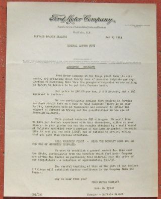 June 13,  1923 Ford Motor Company Letter Regarding Ammonium Sulphate