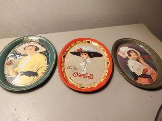 Three Small Oval 1973 Coca Cola Tin Trays 1920 1909 1914 Ad Designs Collectible