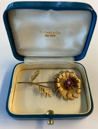 Tiffany & Co Vintage 18k Yellow Gold Round Cut Diamond And Ruby Flower Brooch