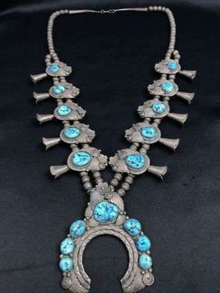 Vtg 189g Old Pawn Navajo Squash Blossom Sterling Turquoise Necklace