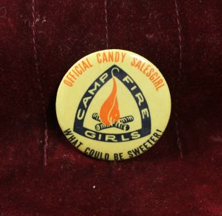 Vintag Camp Fire Girls Official Candy Salesgirl Pin Button What Could Be Sweeter