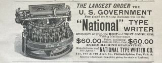 1890 Ad (l7) National Type Writer Co.  Phil. ,  Pa.  “national” Type Writer