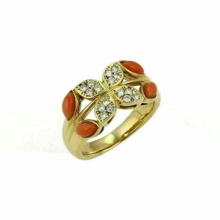 Vintage Diamond & Coral 18k Yellow Gold Floral Ring