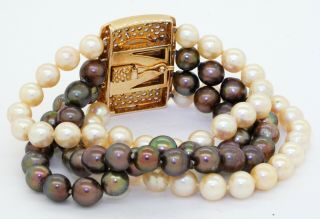 Vintage heavy 14K gold 1.  6CT VS diamond/15.  5mm pearl 7mm pearl 4 - strand bracelet 4