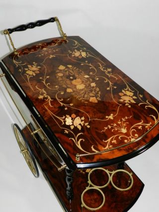 Vintage Italian Marquetry Inlaid Wood Serving Bar Tea Cart
