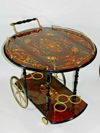 Vintage Italian Marquetry Inlaid Wood Serving Bar Tea Cart 3