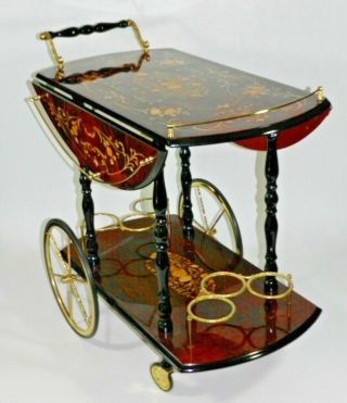 Vintage Italian Marquetry Inlaid Wood Serving Bar Tea Cart 4