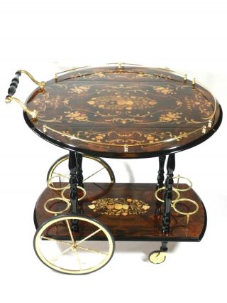 Vintage Italian Marquetry Inlaid Wood Serving Bar Tea Cart 5