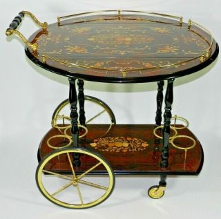 Vintage Italian Marquetry Inlaid Wood Serving Bar Tea Cart 6