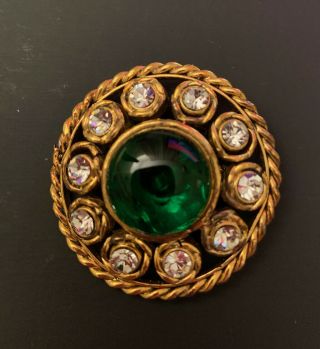 Vintage Chanel Green Gripoix Gold Plated Brooch With Crystals By Victoi