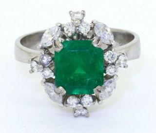 Heavy Vintage 18k Wg 2.  68ct Vs Diamond & Emerald Cluster Ring Size 6.  5