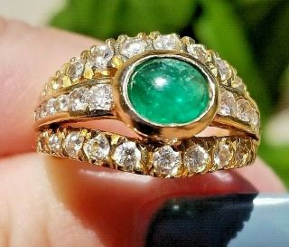 Vintage Top Green Emerald Cabochon Vs Diamond 18k Yellow Gold Ring