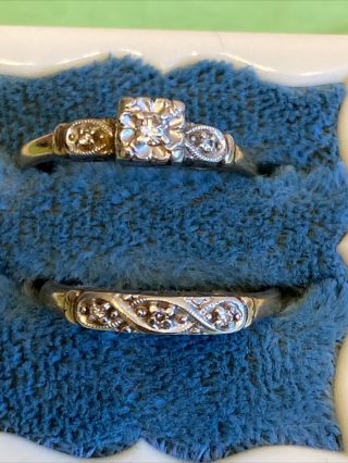 14k Yellow Gold Diamond Ring Wedding Set.  Vintage From 40’s/50’s.  Size 5.  75