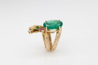 Vintage $7000 7ct Colombian Emerald Ruby Diamond 14k Yellow Gold Snake Ring 12g