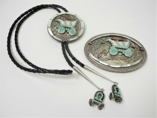 Vintage Zuni Virgil M.  Dishta Sterling Silver With Turquoise Belt Buckle & Bolo