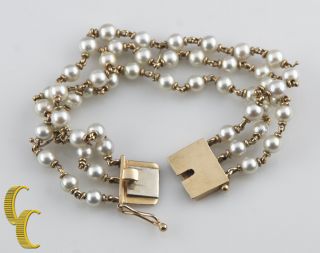 14k Yellow Gold Vintage Three - Strand Pearl Bracelet 7 " Long 4 - 5 Mm Pearls