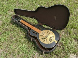 Vintage Unbranded Wood Resonator Guitar Square Neck Very Unique W/old Hard Case