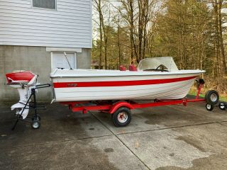 Vintage Mfg 16 Foot Boat With Scott Atwater Motor And Trailer