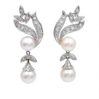 Vintage 8mm Pearl & 0.  7ct Diamond Drop Earrings In 14k White Gold,  10.  2g,  Bridal
