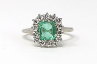 A Gorgeous Art Deco Style Vintage 18ct White Gold Emerald & Diamond Cluster Ring