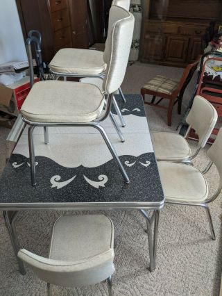 Vintage 1950s Gray And White Formica Chrome Table Dinette Set 6 Vinyl Chairs