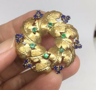 Vintage 14k Gold Wreath Brooch Set With Full Cut Emeralds And Sapphires