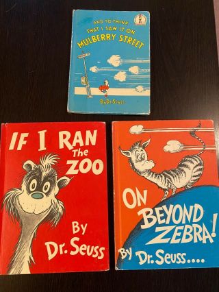 3 Seuss Books - Beyond Zebra,  Mulberry Street,  Ran The Zoo Vintage