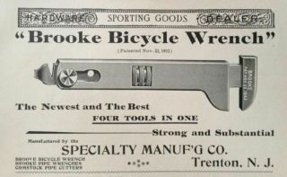 1895 Ad (1800 - 39) Specialty Mfg.  Co.  Trenton,  Nj.  " Brooke Bicycle Wrench "
