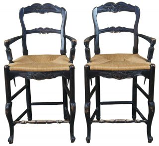 2 Vtg Country French Oak Ladder Back Counter Bar Stools Rush Seat Arms Farmhouse