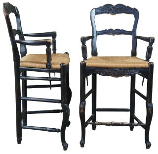 2 Vtg Country French Oak Ladder Back Counter Bar Stools Rush Seat Arms Farmhouse 2