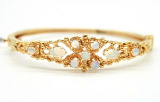 Vintage 1960`s Ladies 14k Yellow Gold Bangle Bracelet W/ Natural Opals Size 6 "